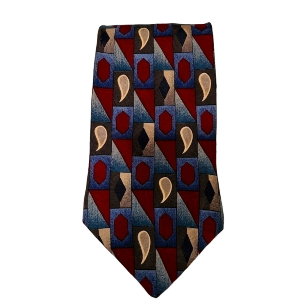 Oscar de la Renta Vintage 90s 100% Silk Tie Geometric Teardrop Paisley Print